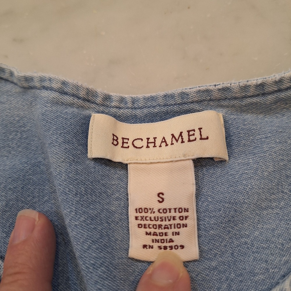 Bechamel Denim Dress Sm Blue Embroidered Floral Boho Oversized Midi Cottagecore - Picture 2 of 9